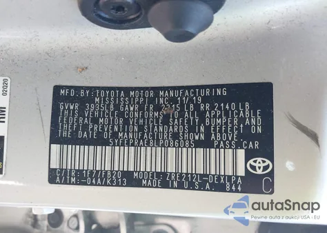 2020 Toyota Corolla Le from USA, damaged, VIN 5YFEPRAE8LP086085